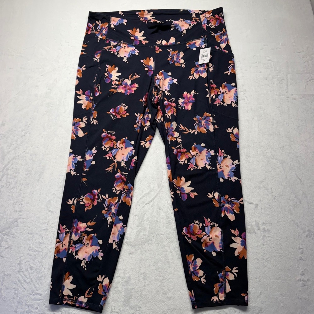 J. Jill Fit Performance Leggings High Rise 2X Navy Floral Pockets Womens NWT